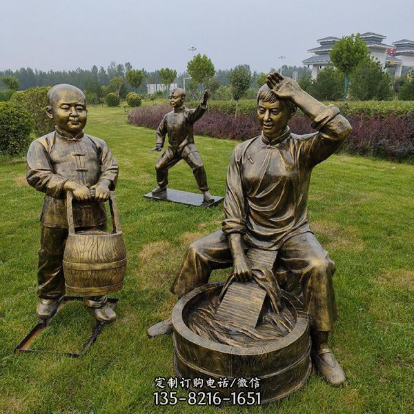 孝文化玻璃鋼噴漆仿銅洗衣服人物校園草地擺放民俗小品