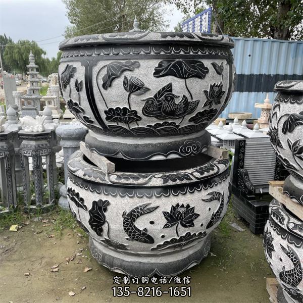 庭院室外擺放青石浮雕荷花花紋圓形魚缸 長缸（1）