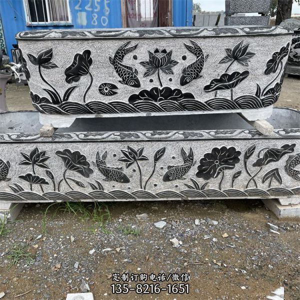 庭院室外擺放青石浮雕荷花花紋圓形魚缸 長缸（4）