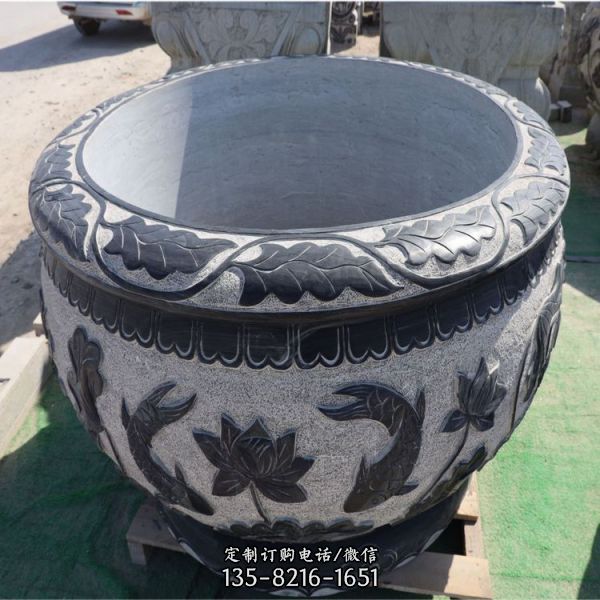 庭院做舊復(fù)古青石雕刻荷花圓形魚缸（4）