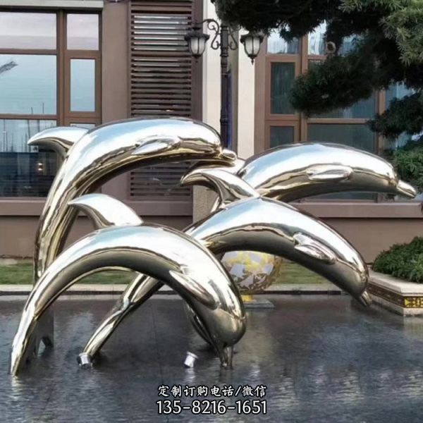 酒店廣場水景大型戶外不銹鋼鏡面鏤空海洋動物海豚雕塑