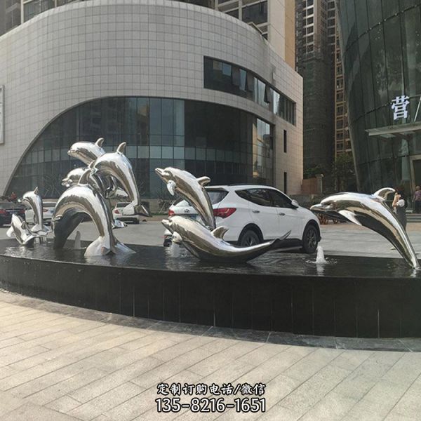 酒店廣場水景大型戶外不銹鋼鏡面鏤空海洋動物海豚雕塑（5）