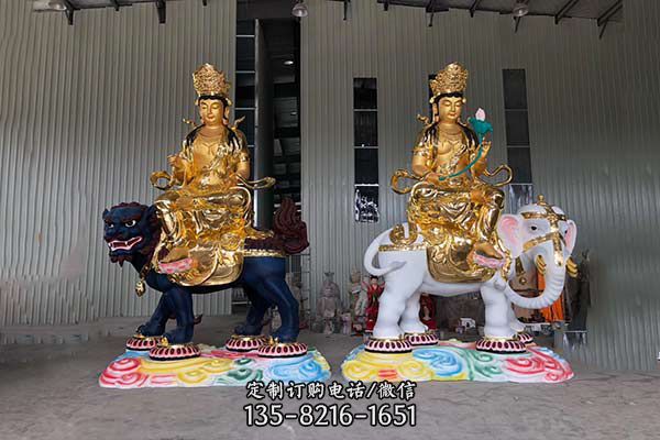 文殊普賢雕塑-寺廟不銹鋼貼金文殊普賢雕塑