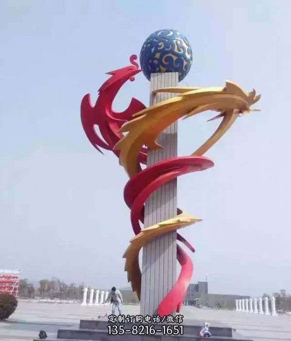 龍柱雕塑-不銹鋼彩繪龍鳳廣場景觀雕塑