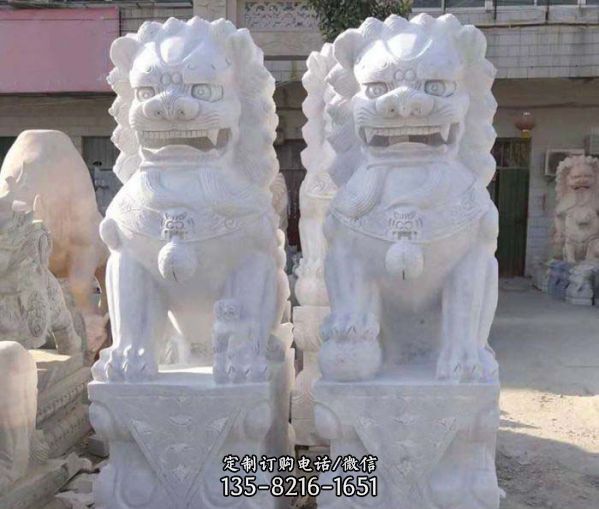 祠堂漢白玉石雕一對(duì)看大門(mén)口的鎮(zhèn)宅獅子雕塑
