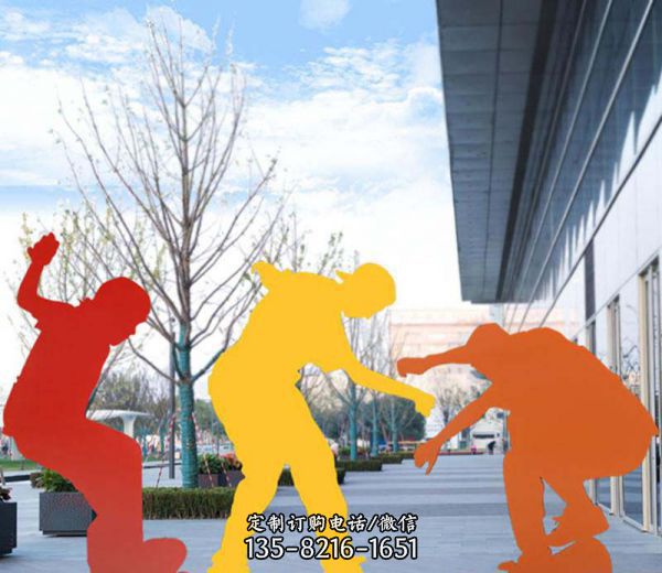 公園彩色不銹鋼剪影滑板人物雕塑