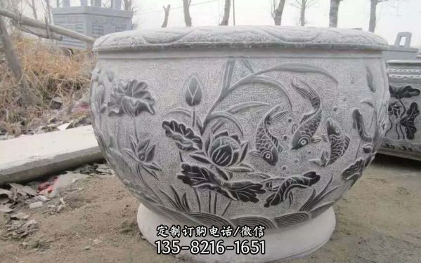 仿古荷花鯉魚石浮雕水缸雕塑