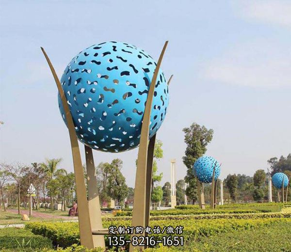 公園戶外裝飾品不銹鋼鏤空藍色球體雕塑