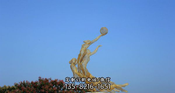 鏤空不銹鋼打籃球的女孩公園景觀雕塑