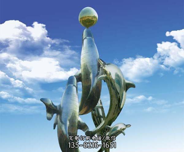 空中飛躍多只玩球雕塑不銹鋼海豚雕塑