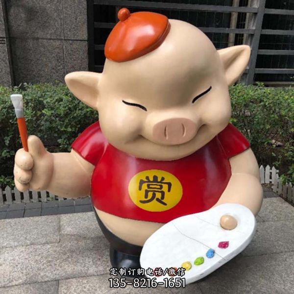 商業廣場街邊擺放卡通豬玻璃鋼雕塑