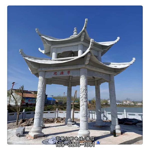 村莊湖邊擺放大理石雕仿古建涼亭景觀