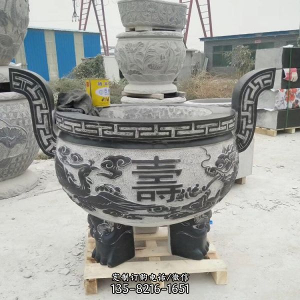 龍鳳浮雕青石園林景觀擺放圓形香爐雕塑