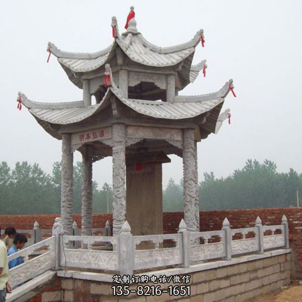 寺院戶外擺放石碑雙層雕刻涼亭景觀
