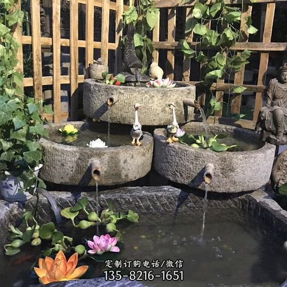老石缸青石石槽魚缸石頭花盆別墅園林水景老石器竹子流水圓形養荷花池