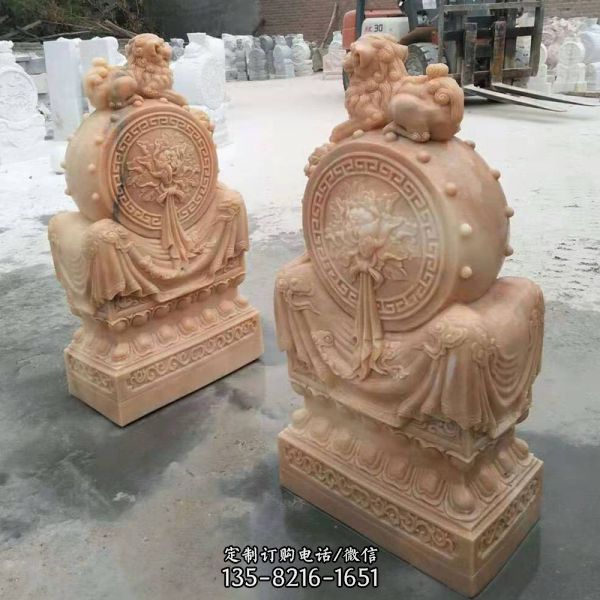 晚霞紅門墩門口家用抱鼓石中式庭院門口門墩石擺件石鼓一對