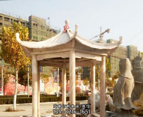 小區公園擺放晚霞紅大理石休息涼亭座椅雕塑
