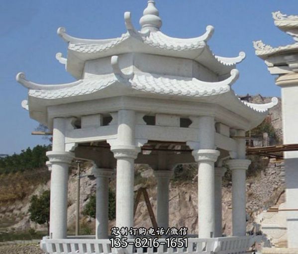 景區寺院擺放雙層漢白玉休息涼亭雕塑