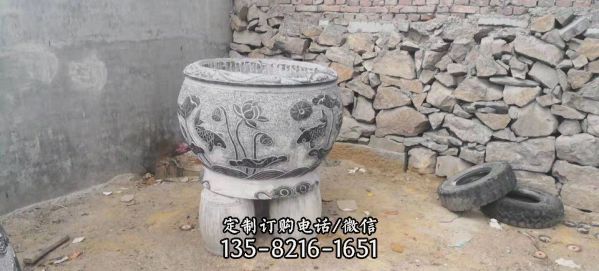 庭院仿古荷花鯉魚浮雕石雕缸雕塑