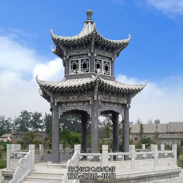 青石做舊鏤空雙層涼亭景區園林擺件