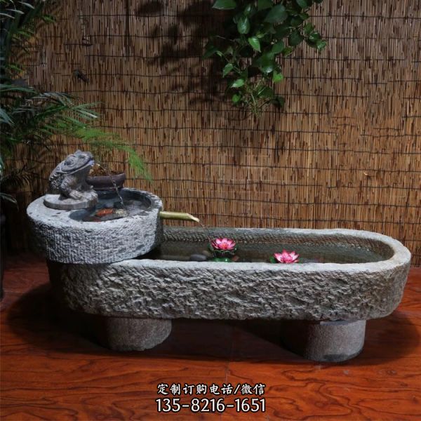 寺院老石缸青石石槽魚缸石頭花盆竹子流水圓形養荷花池