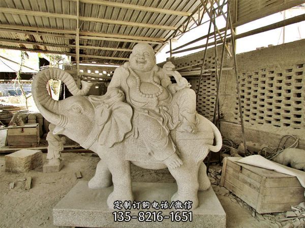 寺廟創意大理石石雕彌勒佛坐著大象背上的景觀裝飾品大象雕塑
