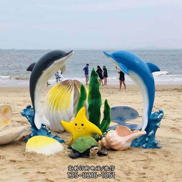 海邊創(chuàng)意玻璃鋼彩繪海洋動(dòng)物海豚雕塑