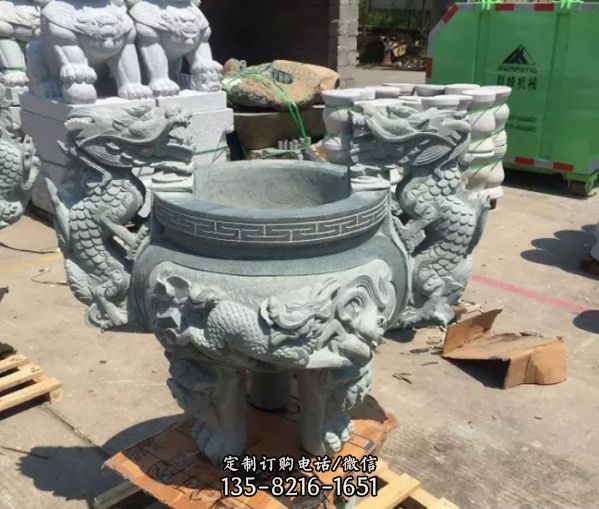 青石浮雕雙龍麒麟仿古圓形香爐寺院擺件