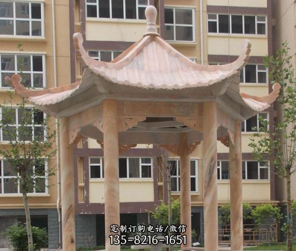 花園小區(qū)擺放晚霞紅六角休閑座椅涼亭打水