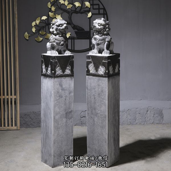 園林擺放獅子青石拴馬柱雕塑