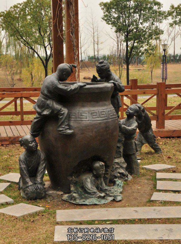公園司馬光砸缸小品銅雕寓言故事缸雕塑