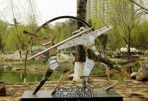 公園湖邊擺放不銹鋼抽象標槍運動員雕塑