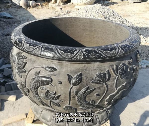 公園青石仿古連年有余青石浮雕荷花水缸雕塑