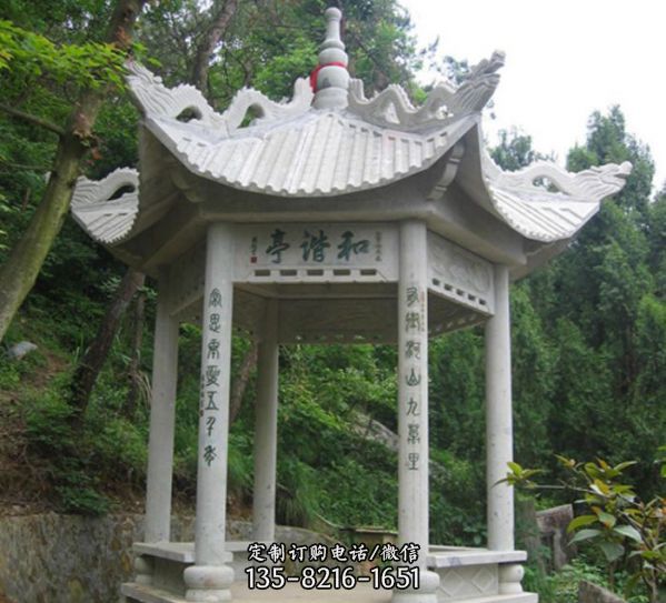 景區山頂擺放大理石六角休閑涼亭