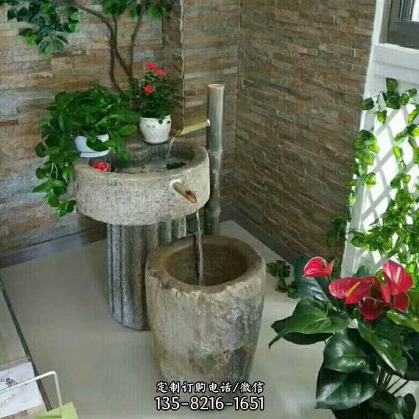 老石缸水槽庭院陽臺流水景觀組合牛馬豬槽石磨