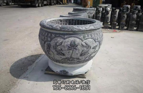  庭院別墅創(chuàng)意仿古石雕浮雕荷花鯉魚缸雕塑