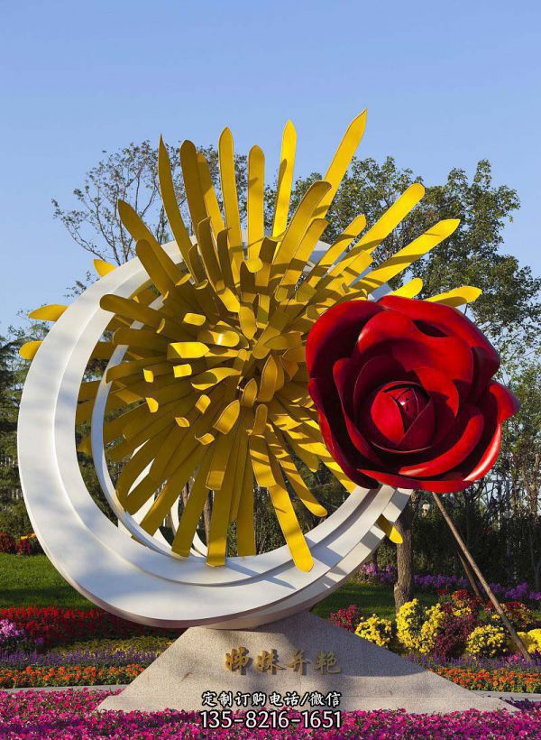 公園不銹鋼玫瑰花和菊花景觀雕塑