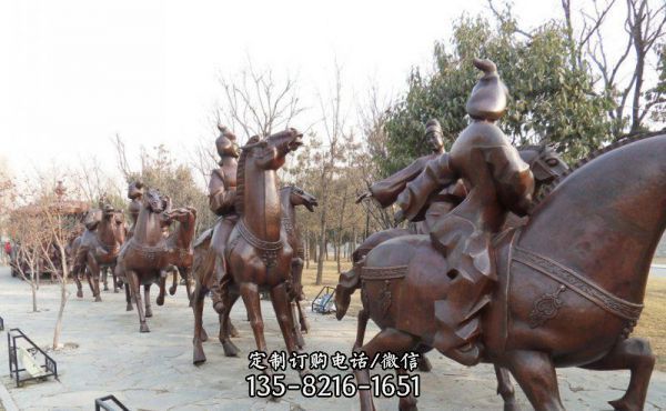 公園景區創意不銹鋼仿銅眾人出游騎馬雕塑