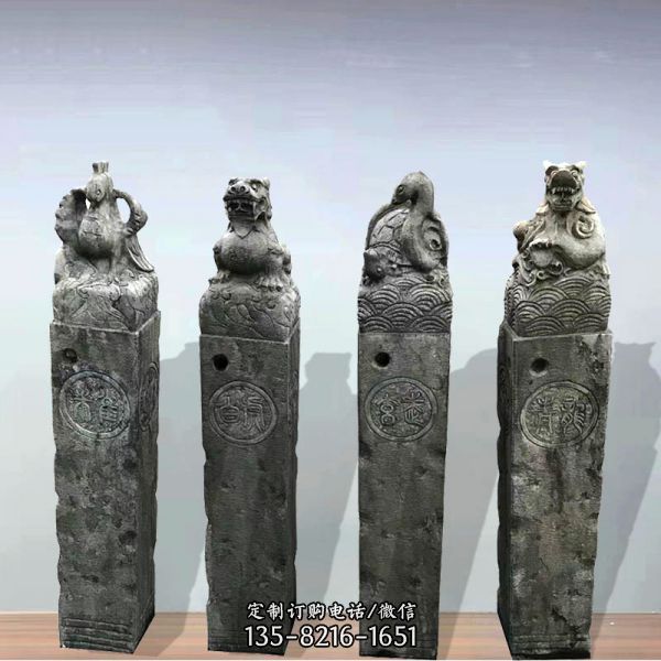 仿古做舊四大神獸鎮宅拴馬柱雕塑