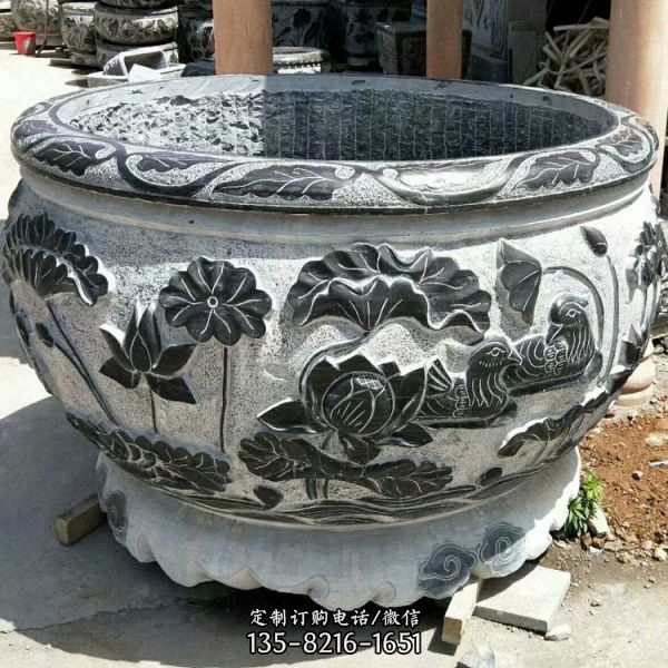 庭院大型青石仿古圓形魚缸石雕荷花缸雕塑