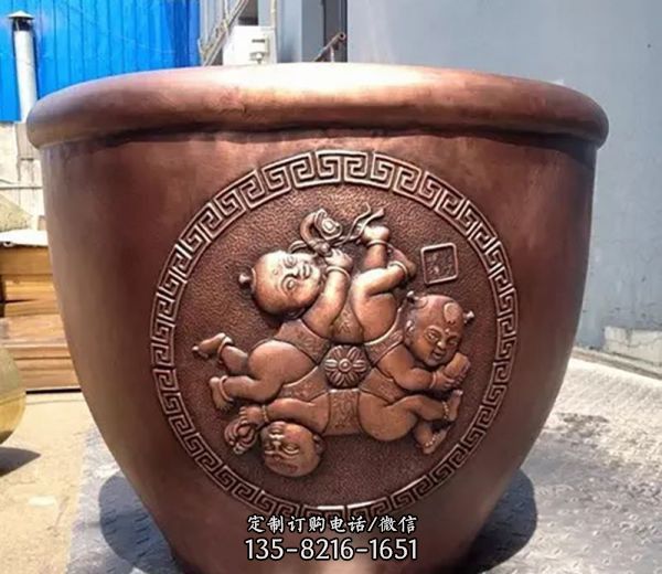 廣場水缸銅雕吉祥娃娃缸雕塑