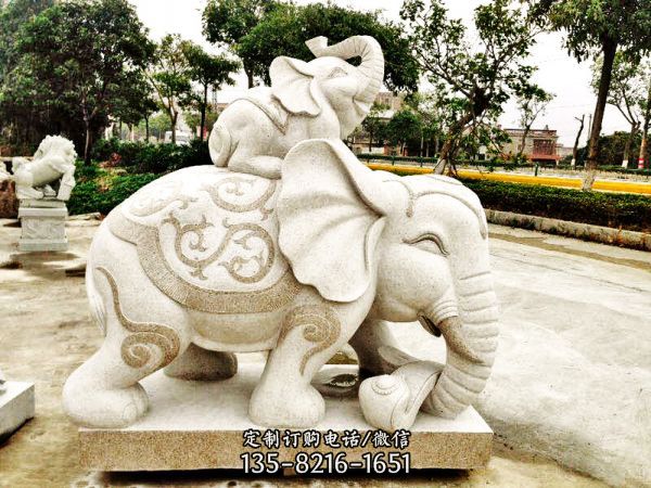 公園創意漢白玉石雕浮雕母子象雕塑