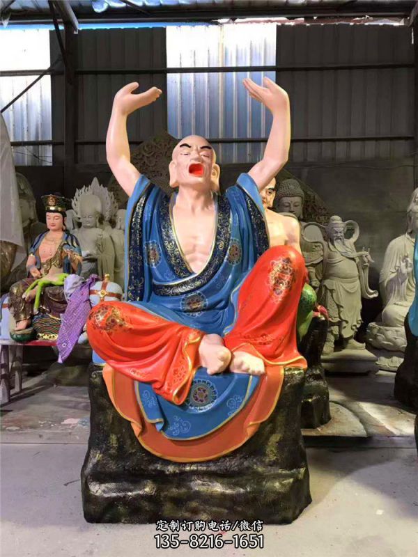玻璃鋼彩繪寺廟佛像手舉起的十八羅漢雕塑