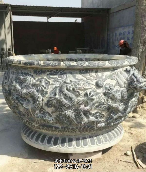 仿古庭院圓形石雕龍浮雕水缸雕塑