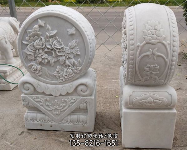 漢白玉牡丹花浮雕園林擺放門墩雕塑