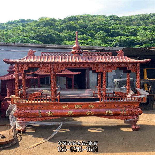佛教寺院戶外擺放紅銅鑄造長形香爐祈福雕塑