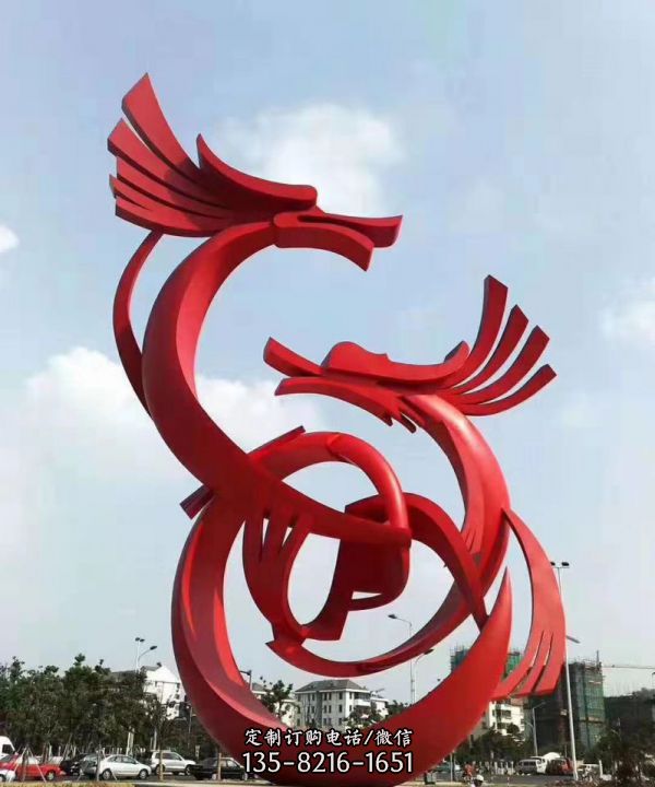 戶外廣場不銹鋼噴漆二龍戲珠龍雕塑