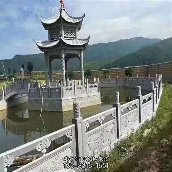 景區池塘中式青石小型鏤空雕刻涼亭