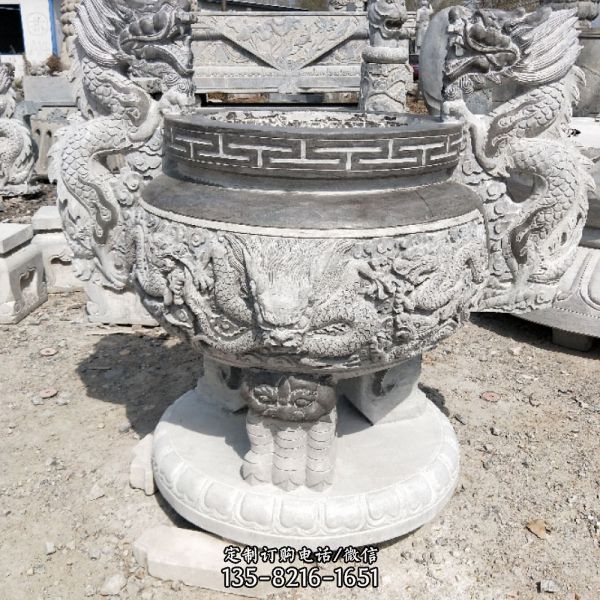 雙龍浮雕青石仿古園林景觀擺放香爐雕塑