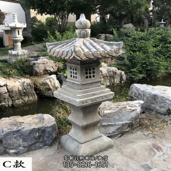 日式庭院草坪落地仿古青石燈塔擺件